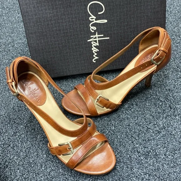 Cole Haan carma air hi heels sandal strappy Woodbury brown tan 7.5 - Picture 1 of 15